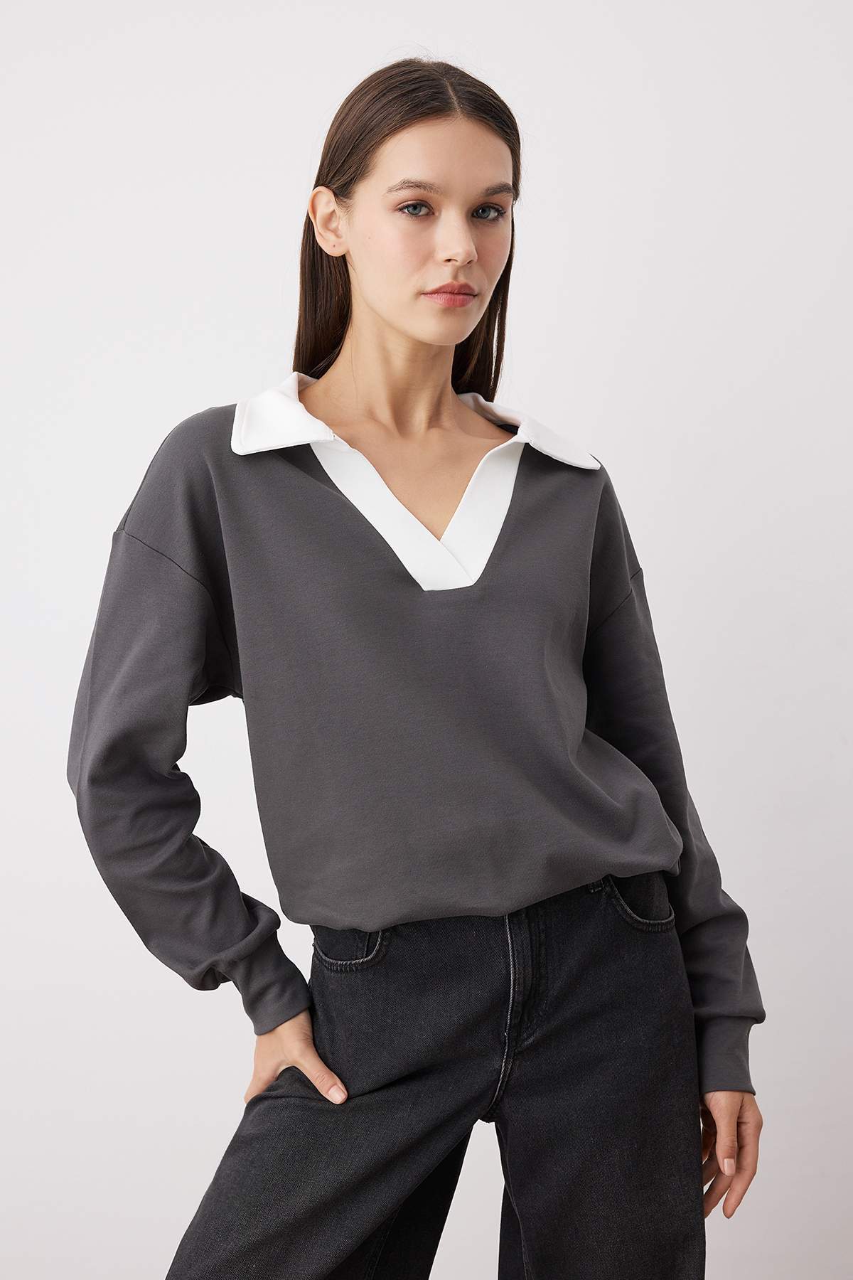 Trendyolmilla Ekru Renk Bloklu Polo Yaka Relaxed/Rahat Kalıp Örme Sweatshirt TWOAW26SW00043