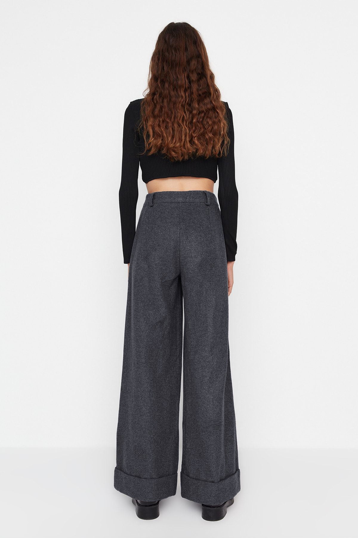 Trendyolmilla Siyah Wide Leg/Geniş Paça Yüksek Bel Dokuma  Pantolon TWOAW23PL00302