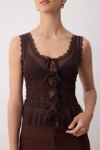 Trendyolmilla Siyah Astarsız Tül Dantel Şeritli Büzgü Detaylı Tül Party Bluz TPRSS25BZ00052