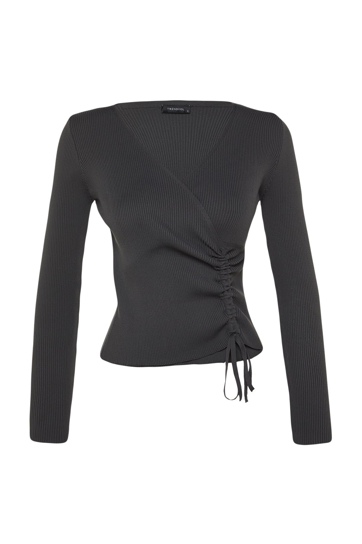 Trendyolmilla Antrasit Kruvaze Büzgü Detaylı Triko Kazak TWOAW23KZ00828