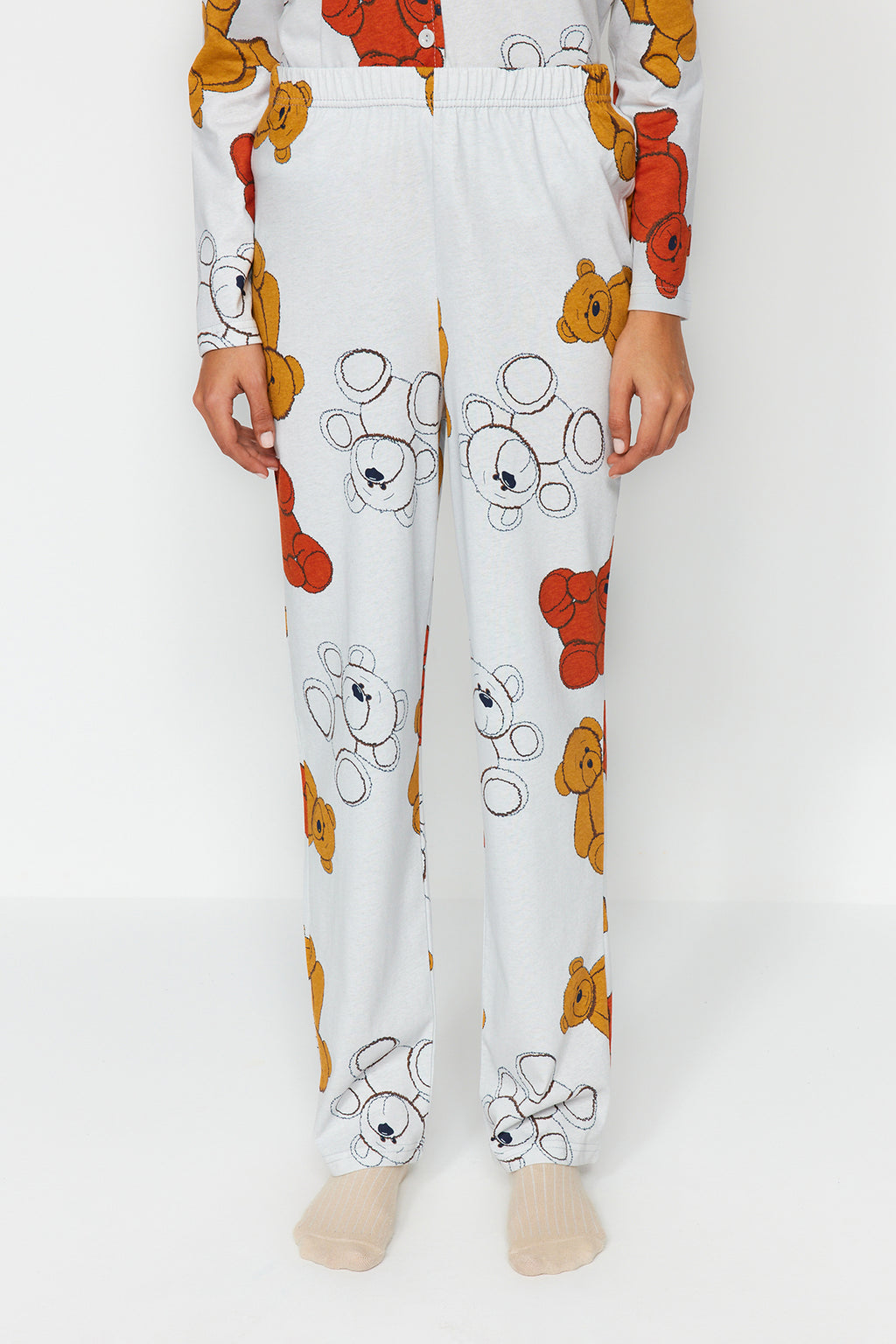 Trendyolmilla Koyu Yeşil %100 Pamuklu Tavşan Desenli Gömlek-Pantolon Örme Pijama Takımı THMAW24PT00002