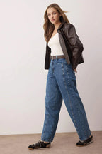 Trendyolmilla Ekru Kahverengi Kemerli Dikiş Detaylı Yüksek Bel Barrel Baggy Jeans TWOSS25JE00182