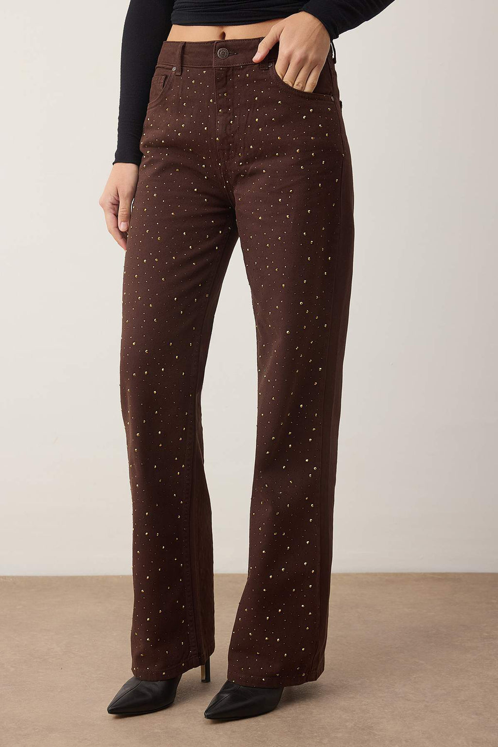 Trendyolmilla Kahverengi Taşlı Yüksek Bel Wide Leg Jeans TWOAW23JE00442