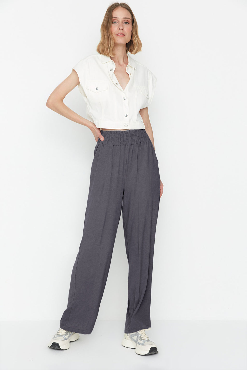 Trendyolmilla Lacivert Wide Leg/Geniş Paça Beli Lastikli Dokuma Pantolon TWOSS22PL00024