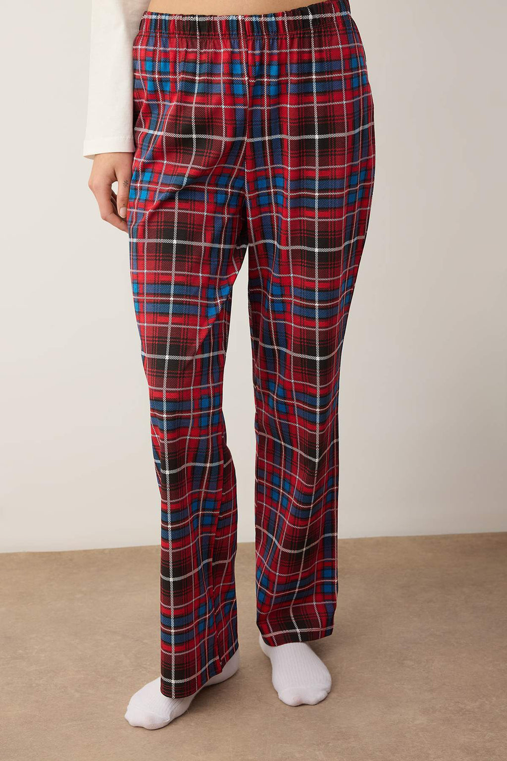 Ekru %100 Pamuklu Ekoseli Kedi Baskılı Örme Pijama Takımı THMAW26PT00153