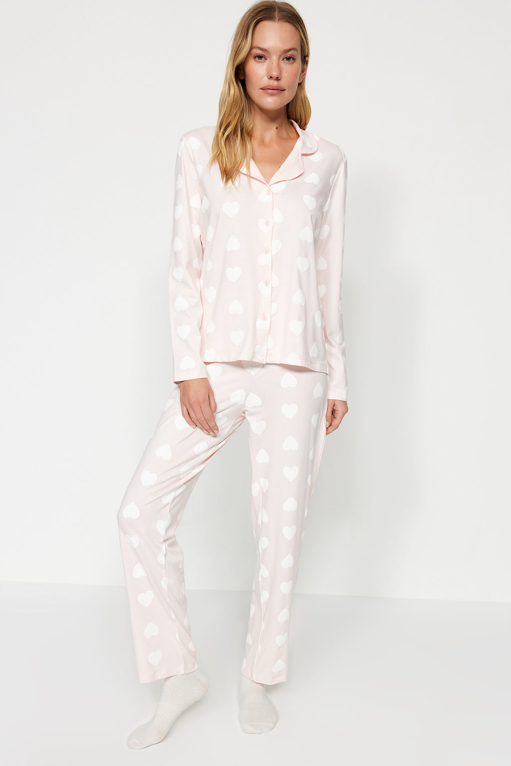 Trendyolmilla Mürdüm %100 Pamuklu Kalpli Gömlek-Pantolon Örme Pijama Takımı THMAW24PT00253
