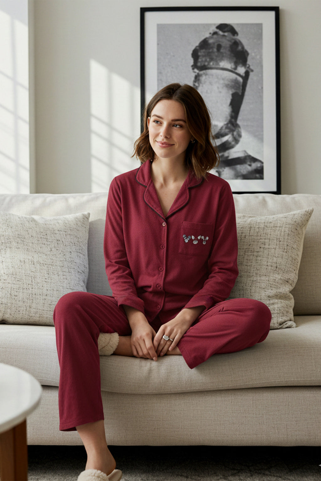 Trendyolmilla Gri %100 Pamuklu Biye ve Cep Detaylı Baskılı Örme Pijama Takımı THMAW22PT0785