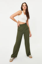 Trendyolmilla Haki Wide Leg/Geniş Paça Beli Lastikli Dokuma Pantolon TWOSS22PL00024