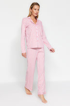 Trendyolmilla Pembe %100 Pamuklu Çizgili Gömlek-Pantolon Örme Pijama Takımı THMAW24PT00144