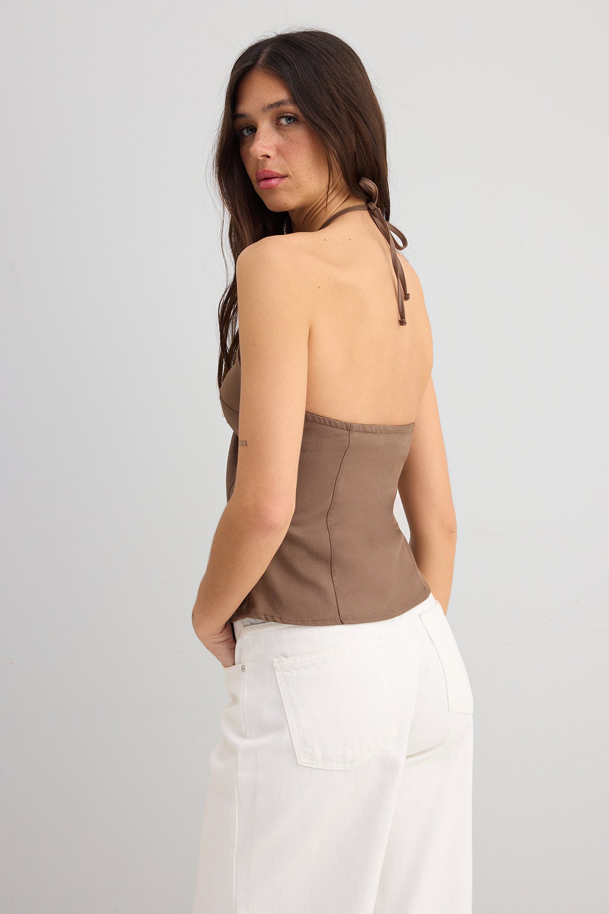 light brown cotton thin gabardine halter neck woven blouse