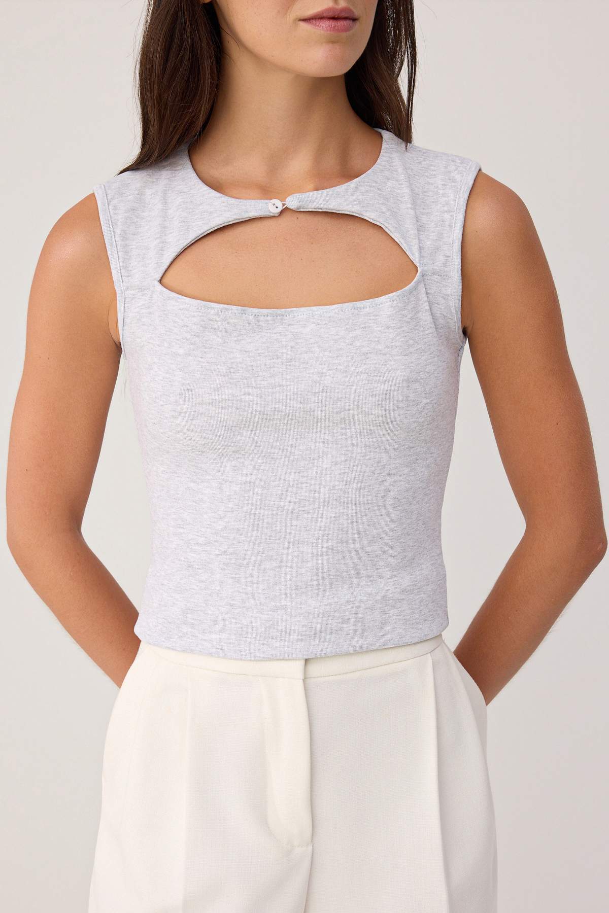 heather grey plain fitted keyhole neck crescent sleeve
