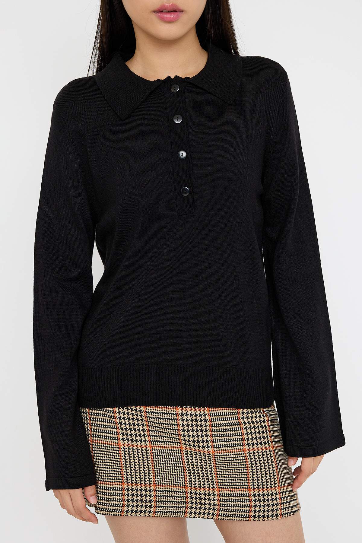 Trendyolmilla Teen Siyah*001 Polo Yaka Düz Triko Kazak TWOAW26KZ00121