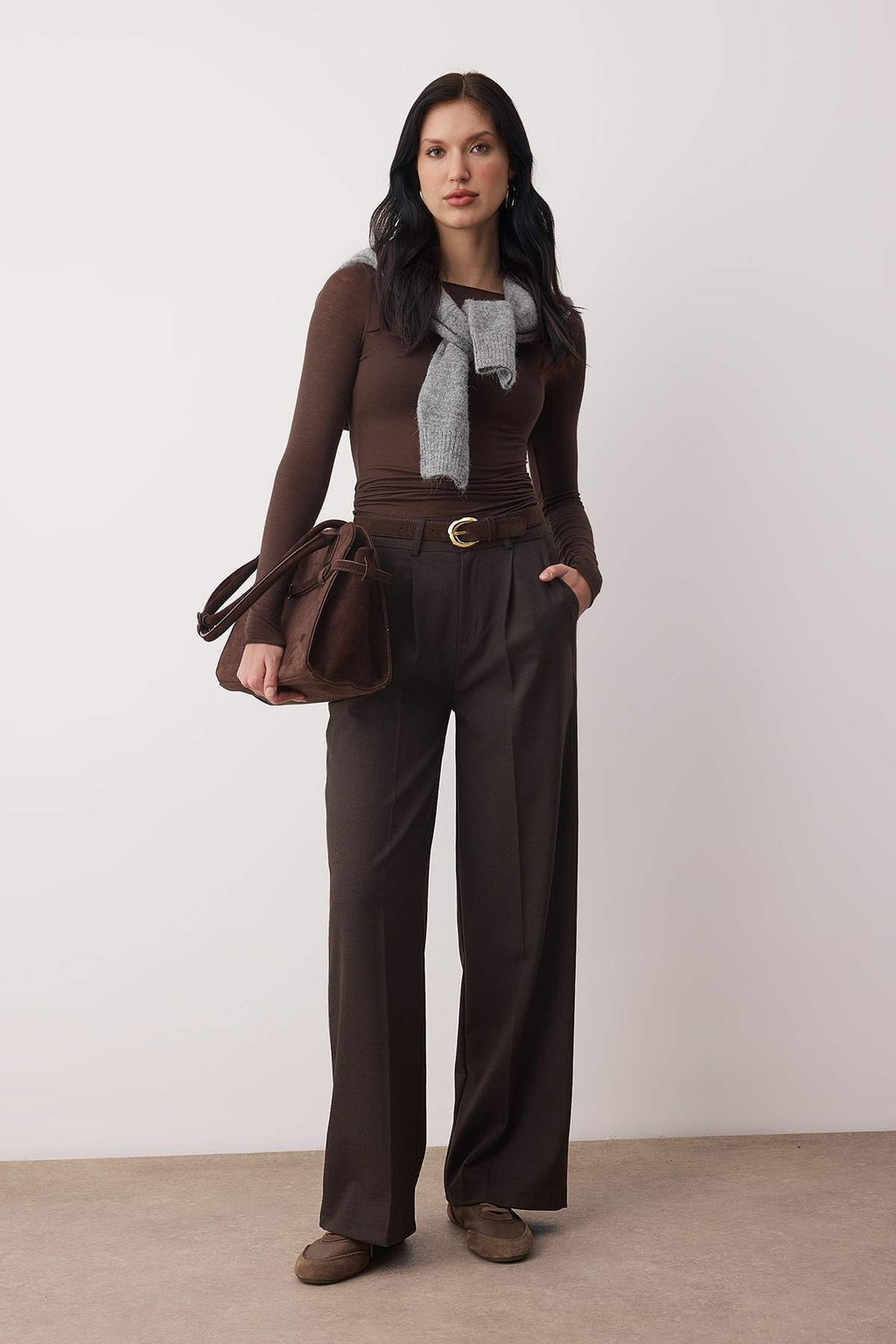 Trendyolmilla Kahvereng Kalın Tuşeli/Kışlık Wideleg Geniş Paça Dokuma Pantolon TWOAW26PL00160