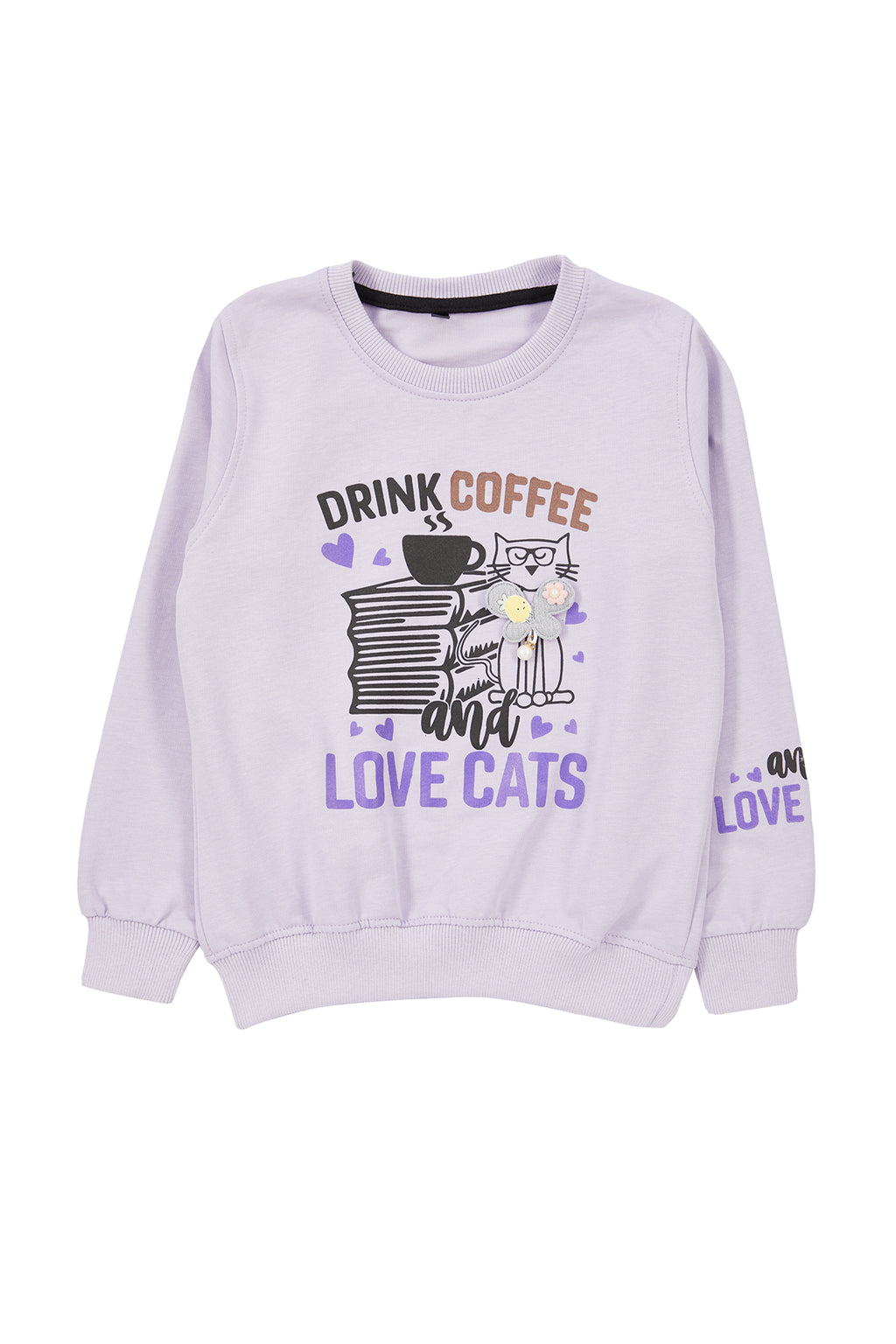Trendyolmilla Lila Kız Çocuk Mevsimlik-İnce Kedi Desenli Örme Sweatshirt TKDAW25SW00008