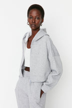 Trendyolmilla Petrol Fermuarlı Kapüşonlu Rahat Kesim Crop Kalın İçi Polarlı Örme Sweatshirt TWOAW20SW0660