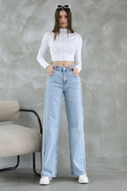 Mavi Püsküllü Yüksek Bel Düz Kesim Straight %100 Pamuk Non-Stretch Jeans TWOSS25JE00139