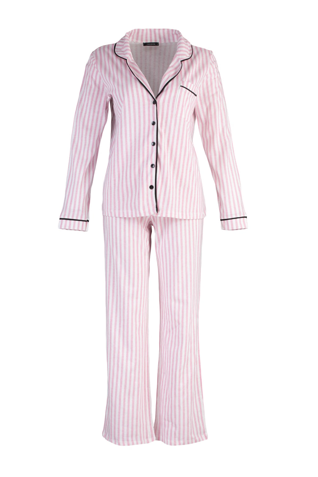 Trendyolmilla Pudra %100 Pamuklu Çizgili Biye Detaylı Örme Pijama Takımı THMAW21PT0614