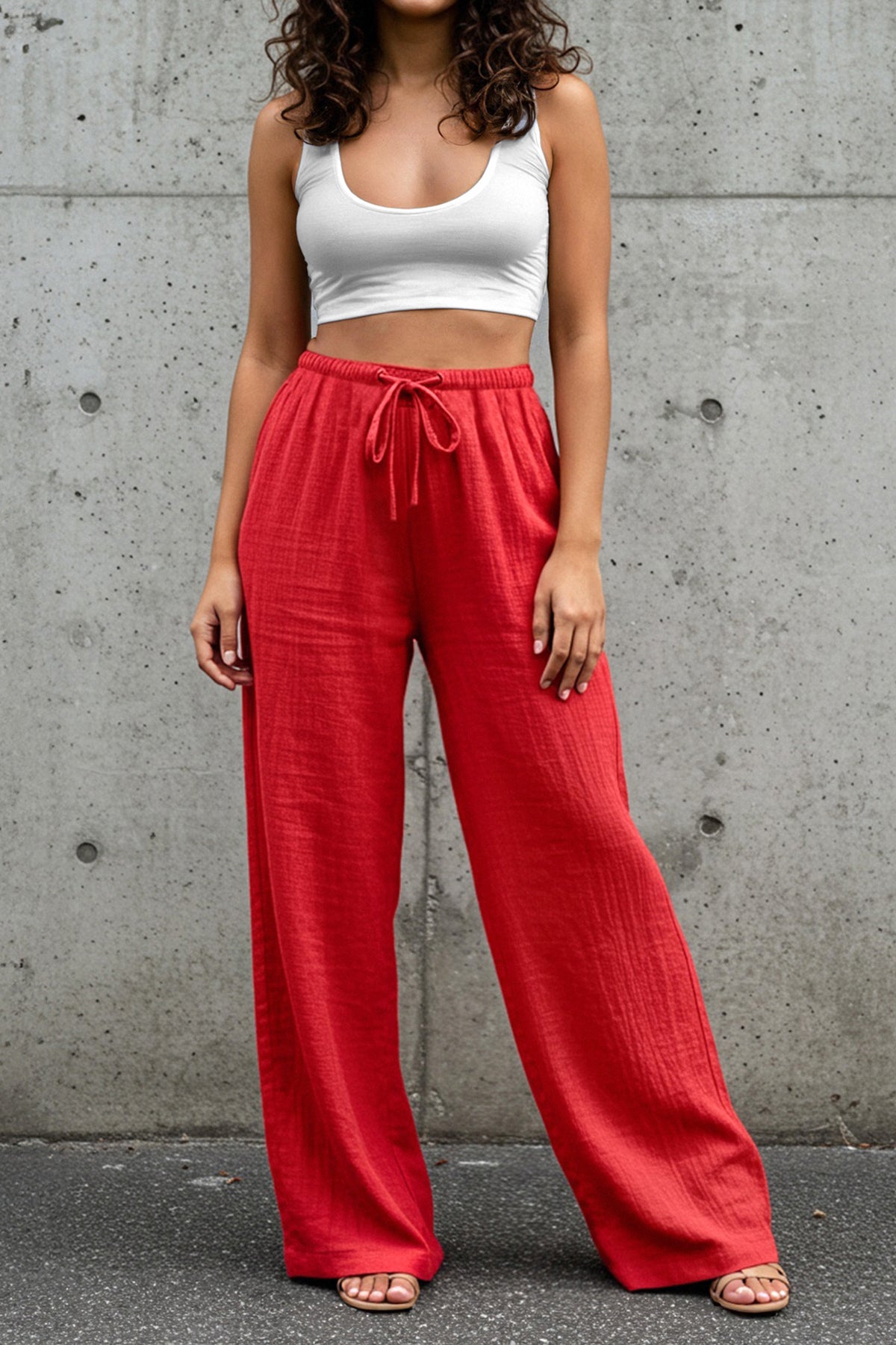 Trendyolmilla Vizon Müslin Beli Lastikli İnce Kumaş Wide Leg/Geniş Paça Dokuma Pantolon TWOSS25PL00067