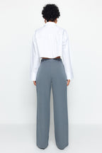 Trendyolmilla Ekru Yüksek Bel Wide Leg/Geniş Paça Pilili Dokuma Kumaş Pantolon TWOAW21PL0076