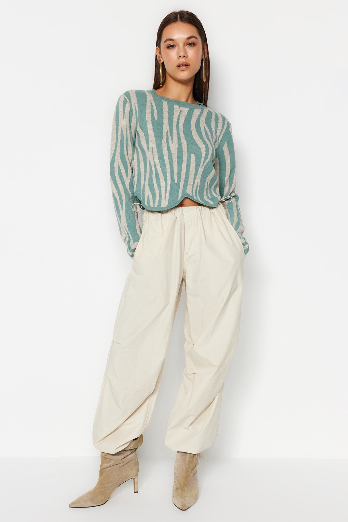 Mint Crop Zebra Desenli Renk Bloklu Triko Kazak TWOAW24KZ00694 Secondary image