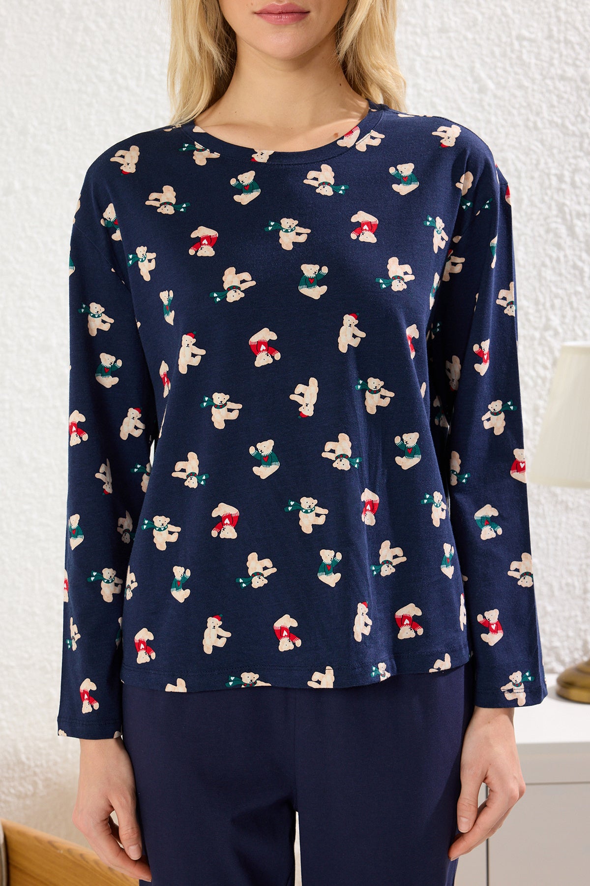 Kadın Couple/Çift Lacivert %100 Pamuklu Ayıcıklı Yılbaşı Temalı Örme Pijama Takımı THMAW25PT00243