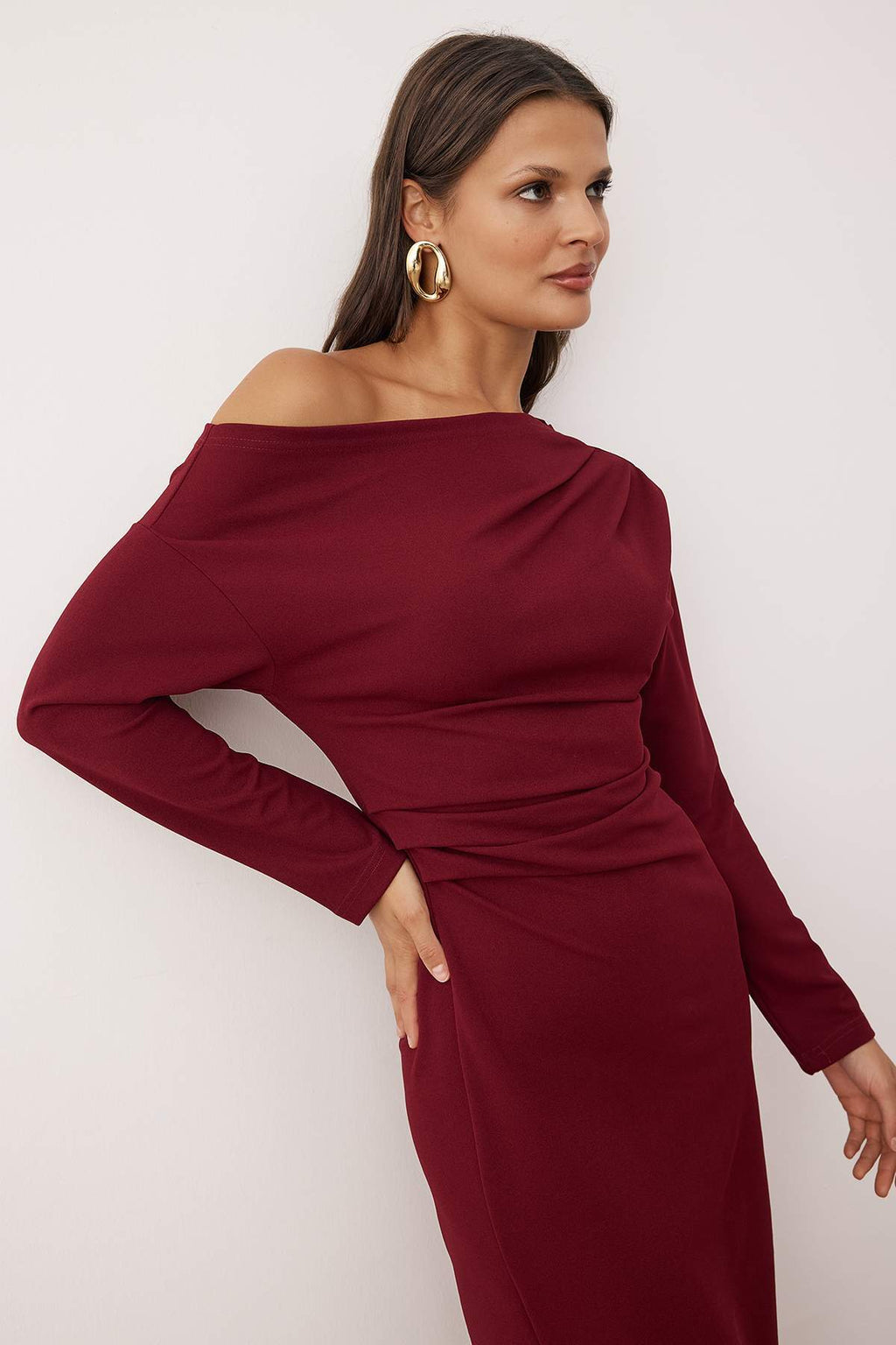 Trendyolmilla Bordo Düz Midi Asimetrik Yaka Örme Elbise TWOAW26EL00106
