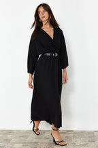 Trendyolmilla Kahverengi Kemerli A-line Kruvaze Yakalı Aerobin Boho Midi Dokuma Elbise TWOSS24EL00992