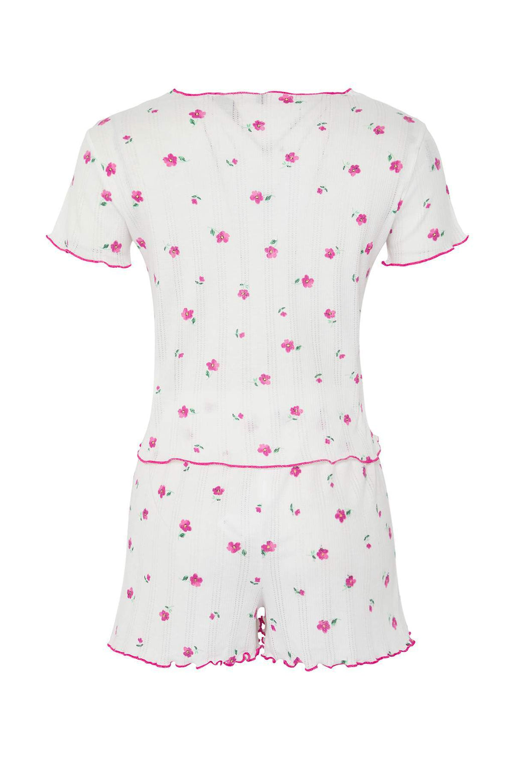 Trendyolmilla Beyaz %100 Pamuklu Çiçekli Kurdele/Fiyonklu Fitilli Şortlu Örme Pijama Takımı THMSS25PT00434