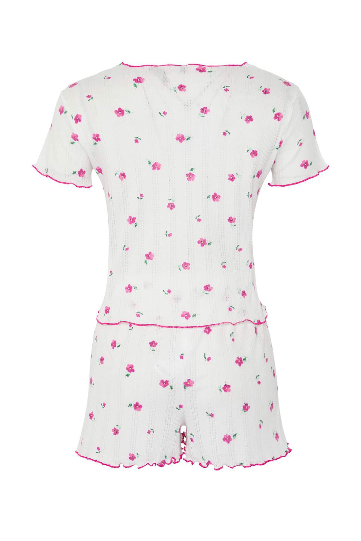 Trendyolmilla Beyaz %100 Pamuklu Çiçekli Kurdele/Fiyonklu Fitilli Şortlu Örme Pijama Takımı THMSS25PT00434