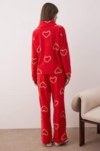 Kırmızı Kalpli Polar Kışlık Örme Pijama Takımı THMAW25PT00058