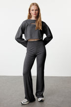 Trendyolmilla Kahverengi Wide Leg/İspanyol Paça Yüksek Bel İnterlok Esnek Örme Pantolon TWOAW25PL00006