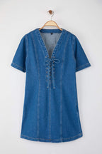 Mavi Kuşgözü Bağlama Detaylı Mini Denim Elbise TWOAW26EL00033