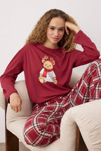 Kadın Couple/Çift Bordo %100 Pamuklu Yılbaşı Temalı Ekoseli Örme Pijama Takımı THMAW26PT00170