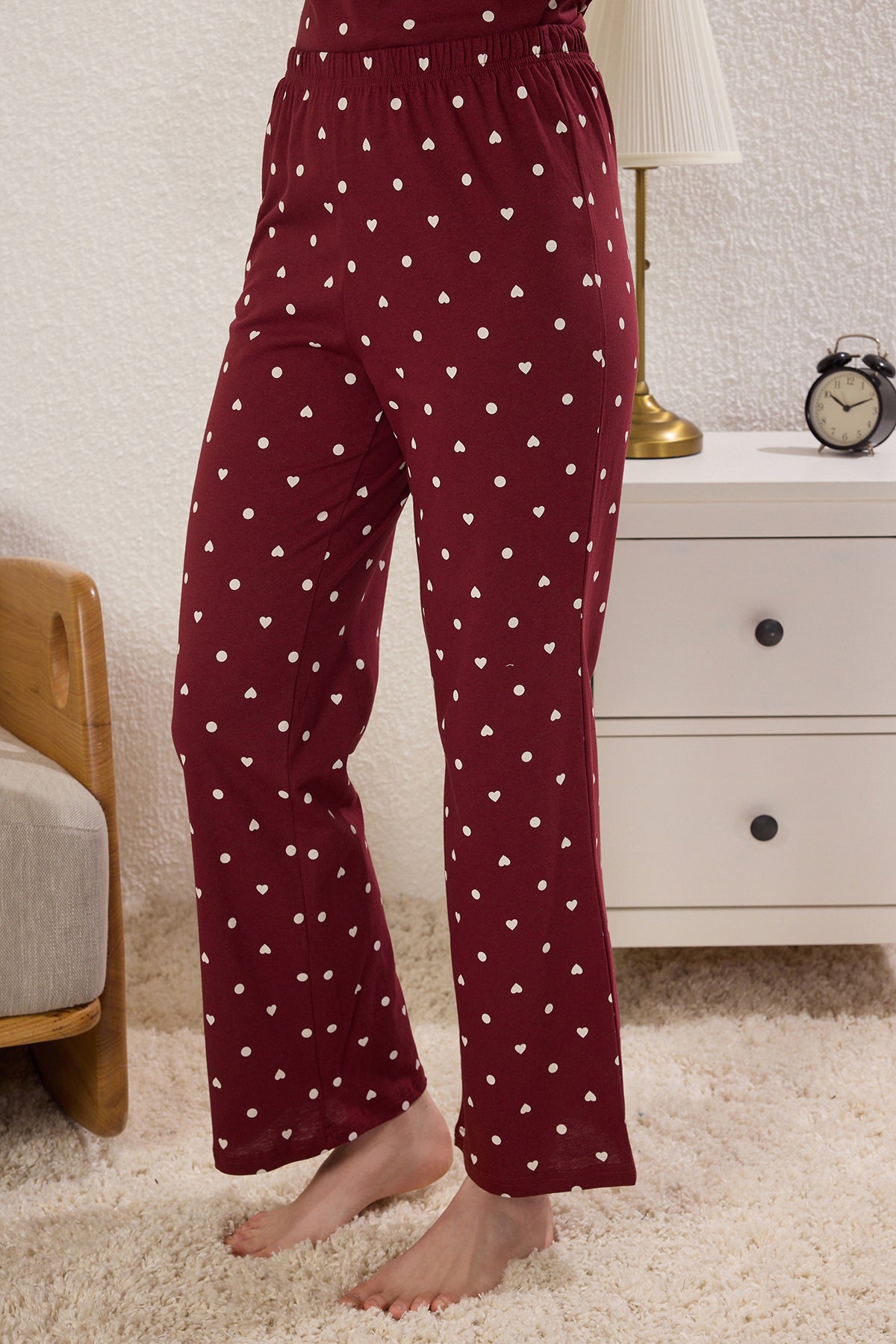 Trendyolmilla Kahverengi %100 Pamuklu Puantiye ve Kalpli Örme Pijama Takımı THMAW25PT00039