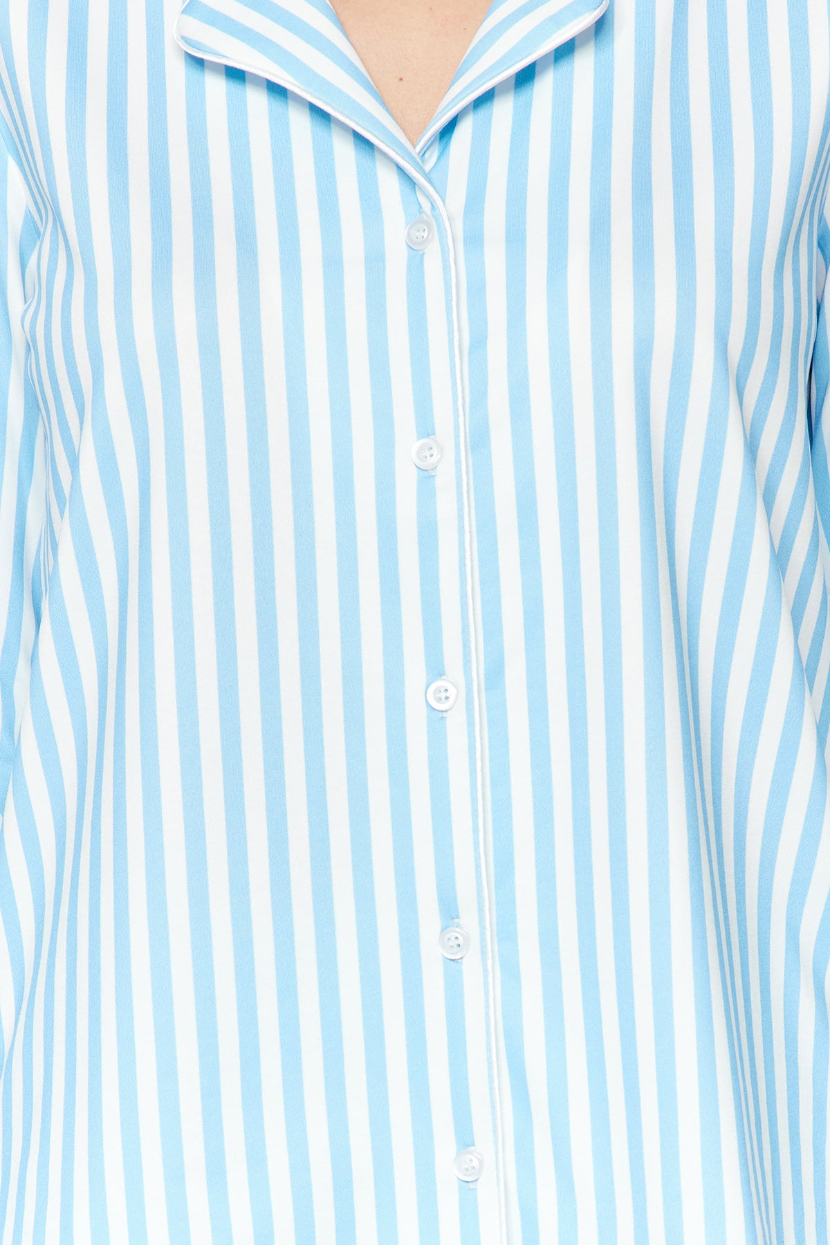 Trendyolmilla Mavi Çizgi Desenli Biyeli İçi Polarlı Gömlek-Pantolon Örme Pijama Takımı THMAW24PT00050