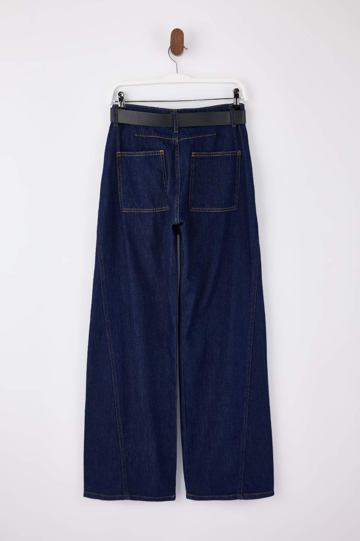 Koyu Mavi DÖKÜMLÜ Kemerli %100 Pamuk Yüksek Bel Wide Leg Jeans TWOSS26JE00076