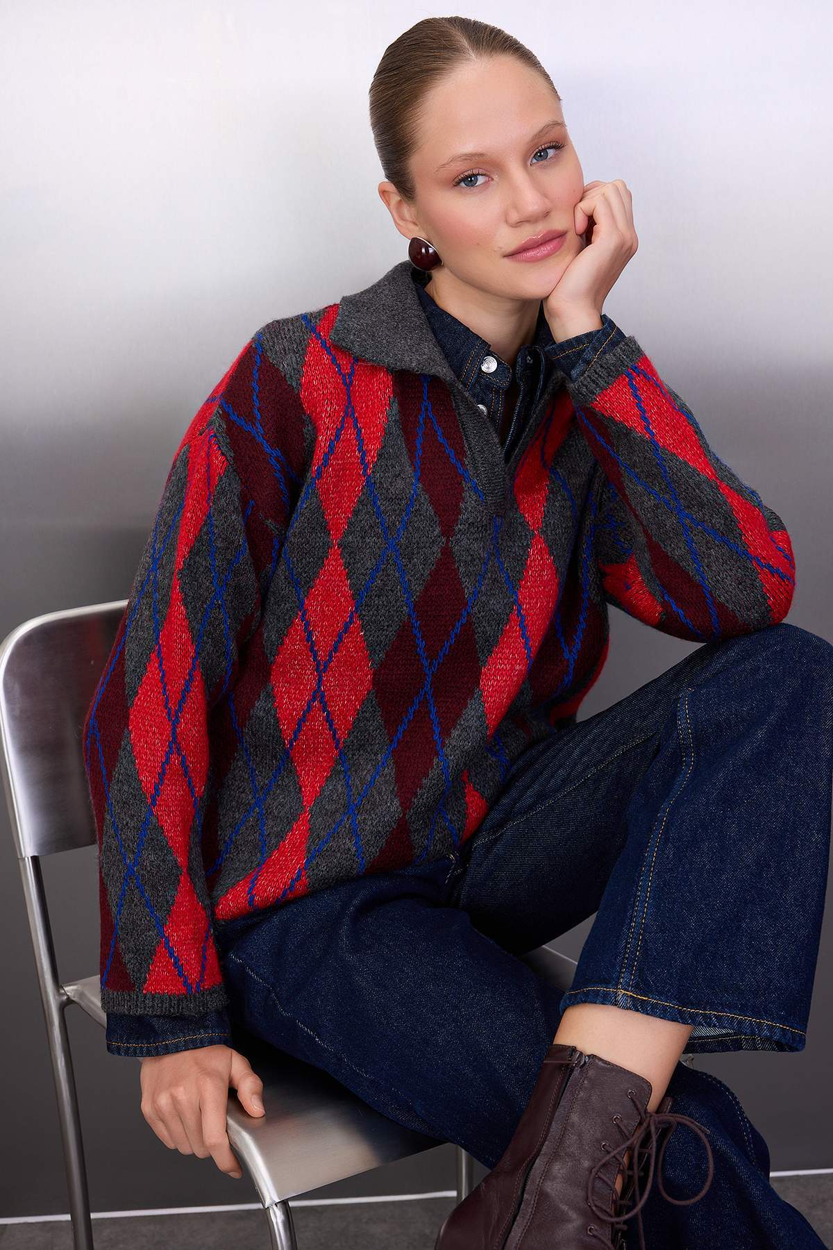 Antrasit Baklava/Ekose Desenli Polo Yaka Triko Kazak TWOAW26KZ00231 Secondary image