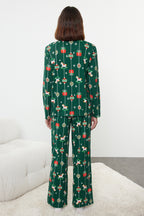 Yeşil %100 Pamuklu Yılbaşı Temalı Örme Pijama Takımı THMAW25PT00172