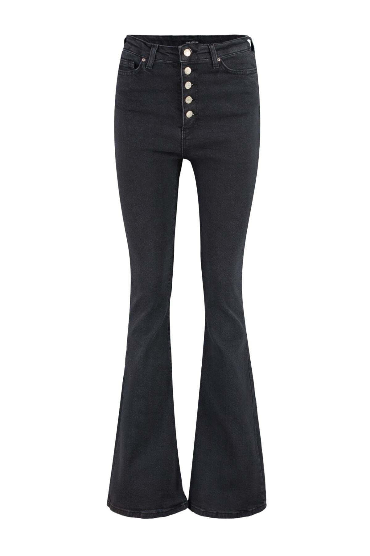 Trendyolmilla Mavi Önden Düğmeli Yüksek Bel Orta Esnek İspanyol Paça Flare Comfort/Esnek Jeans TWOSS20JE0111