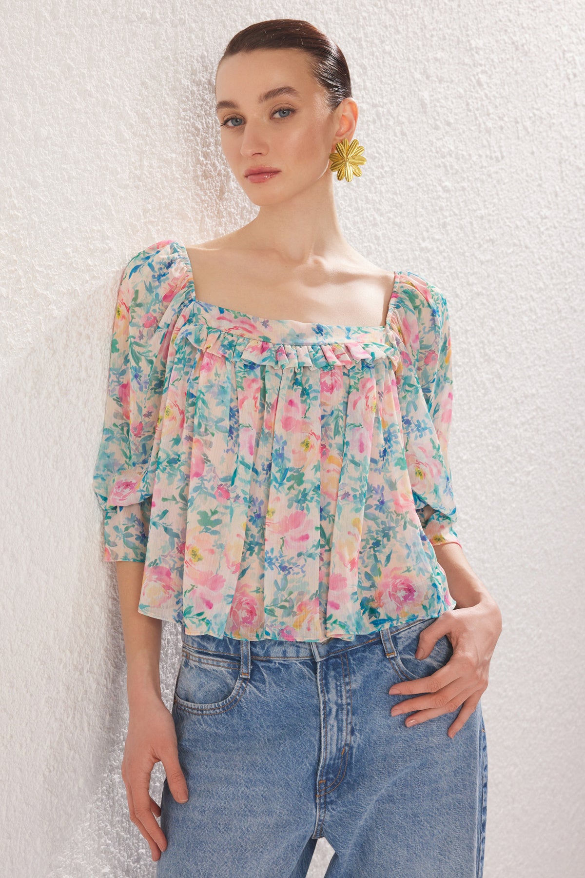 Yeşil Şifon Kare Yaka Balon Kol Dokuma Bluz TWOSS25BZ00351