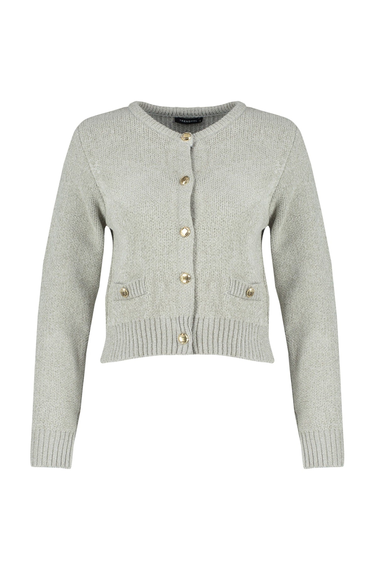 Trendyolmilla Gri Crop Premium İplik/Özel İplik Cep Detaylı Triko Hırka TWOAW24HI00051