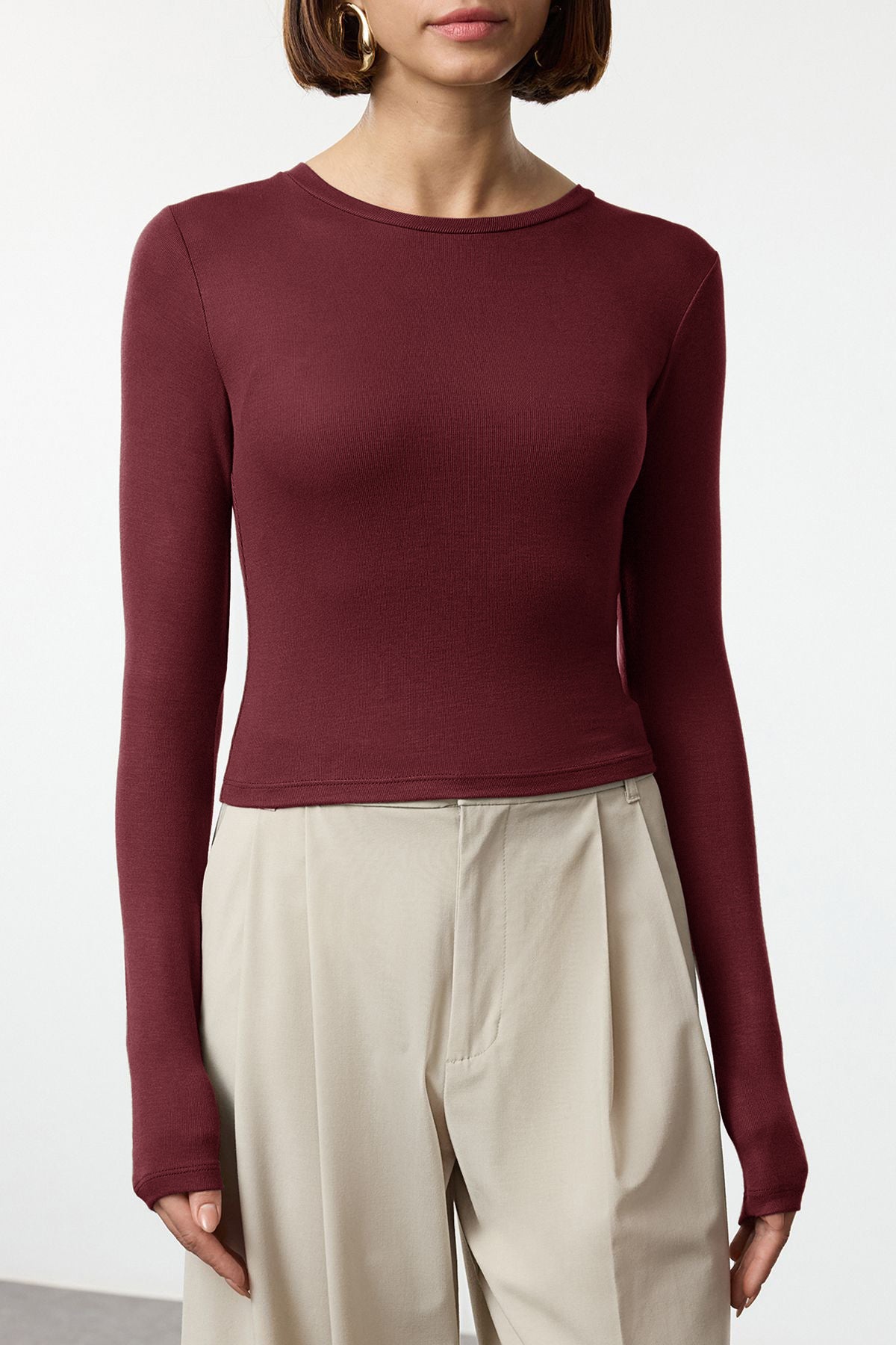 Trendyolmilla Açık Pembe Premium Viskon Bisiklet Yaka Crop Esnek Örme Bluz TWOAW24BZ00116