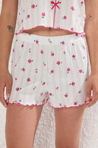 Trendyolmilla Beyaz %100 Pamuklu Çiçekli Kurdele/Fiyonklu Fitilli Şortlu Örme Pijama Takımı THMSS25PT00434