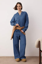 Mavi Pamuklu Kapüşonlu Waffle Örme Pijama Takımı THMAW26PT00168
