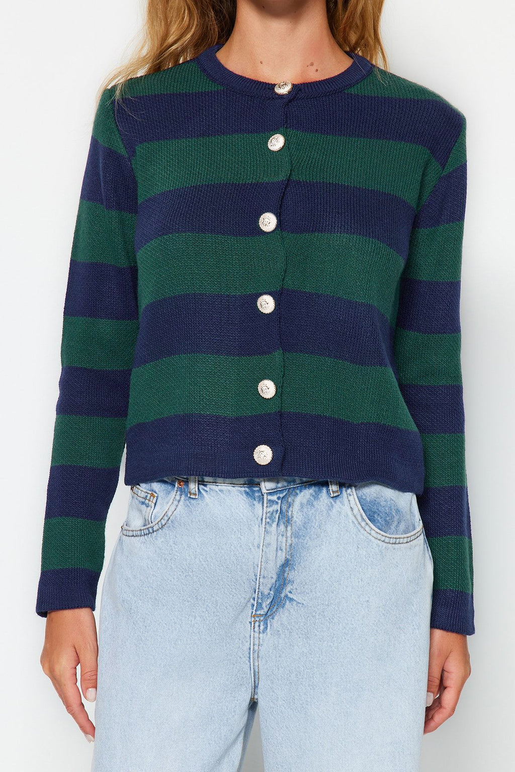 Trendyolmilla Indigo Çizgili Basic Ceket Görünümlü Triko Hırka TWOAW24HI00091