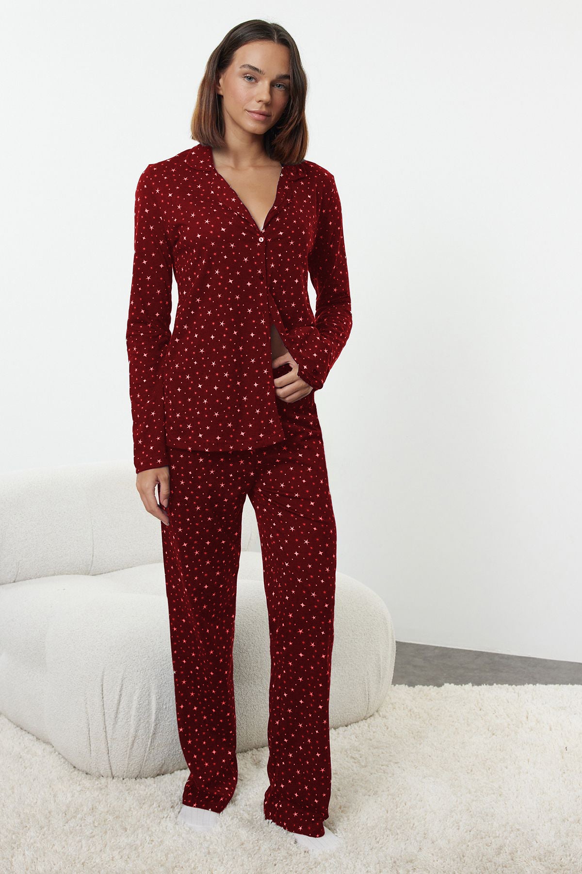 Trendyolmilla Lacivert %100 Pamuklu Galaksi Desenli Örme Pijama Takımı THMAW25PT00097