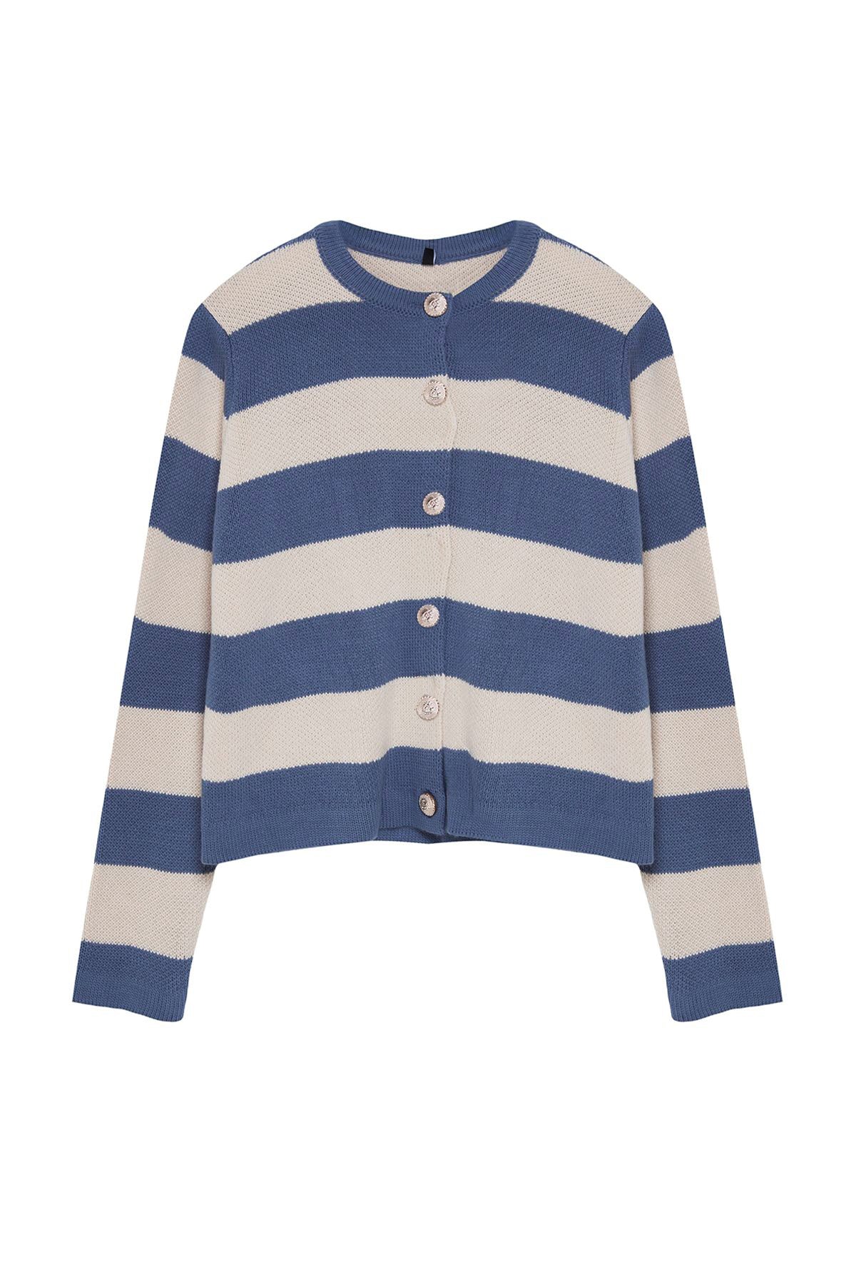 Trendyolmilla Indigo Çizgili Basic Ceket Görünümlü Triko Hırka TWOAW24HI00091