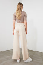 Trendyolmilla Taş Wide Leg/Geniş Paça Yanları Düğmeli Dokuma Kumaş Pantolon TWOSS20PL0398