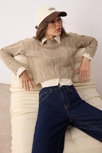 Trendyolmilla Teen Koyu Gri Gömlek Garnili Detaylı Crop Triko Kazak TWOAW26KZ00047