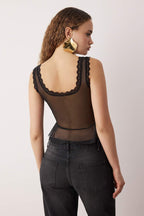 Trendyolmilla Siyah Astarsız Tül Dantel Şeritli Büzgü Detaylı Tül Party Bluz TPRSS25BZ00052